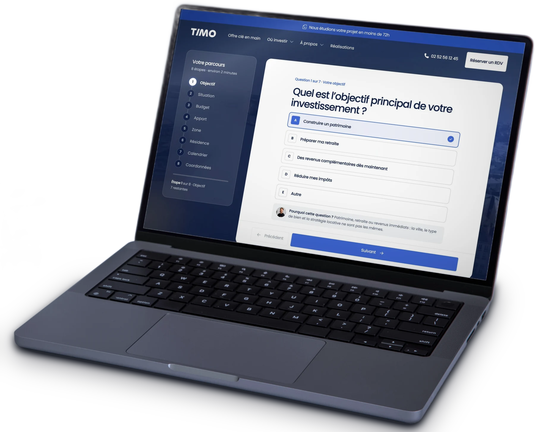 L’interface du quiz Timo Conseil sur un MacBook Pro, à la question 1 : quel est l’objectif principal de votre investissement ?